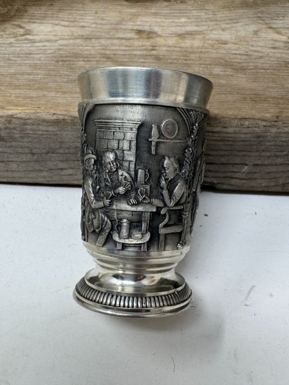 Vintage German Pewter Tavern Scene Relief Beaker Cup